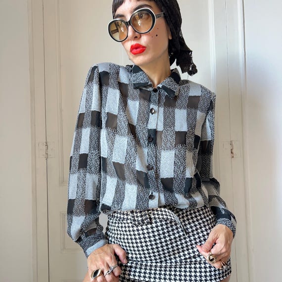 Vintage 90s Sheer Checkered Blouse, Monochrome Geometric Button up 