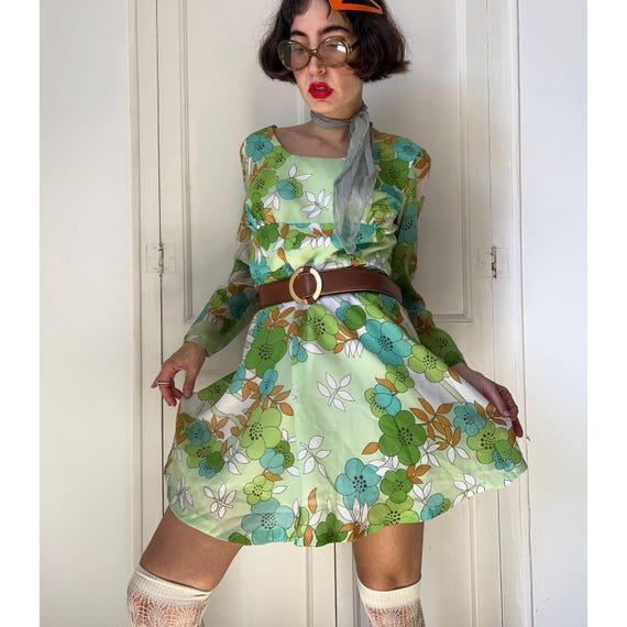 mini retro dress 70s Puff Sleeve Patchwork Mini Dress