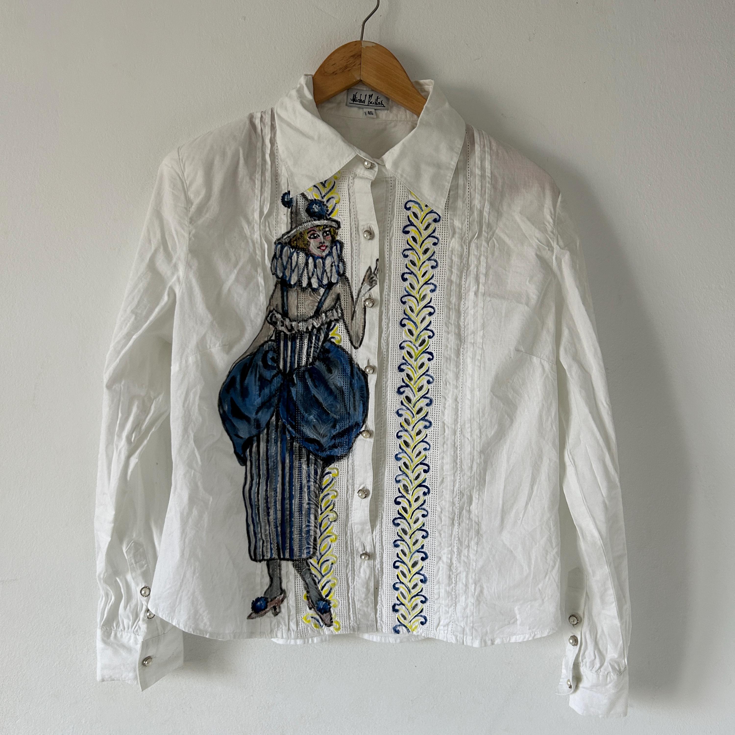【CPGN STUDIO】Pierrot printing Embroidery Short Sleeve Hand Painted Harlequin Blouse, Vintage Wearable Art Cotton