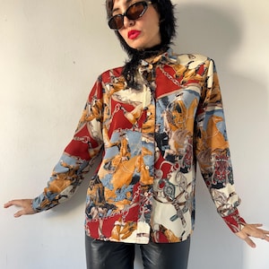 Vintage 90s Equestrian Baroque Blouse: Silky Polyester Top