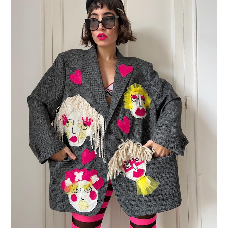 Unique Patchwork Wool Blazer, Women's Face Embroidery, Upcycled Art Jacket, Statement Piece