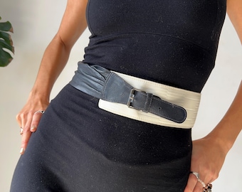 Vintage 90s Gianni Versace Leather Obi Belt, Black White Corset Waist