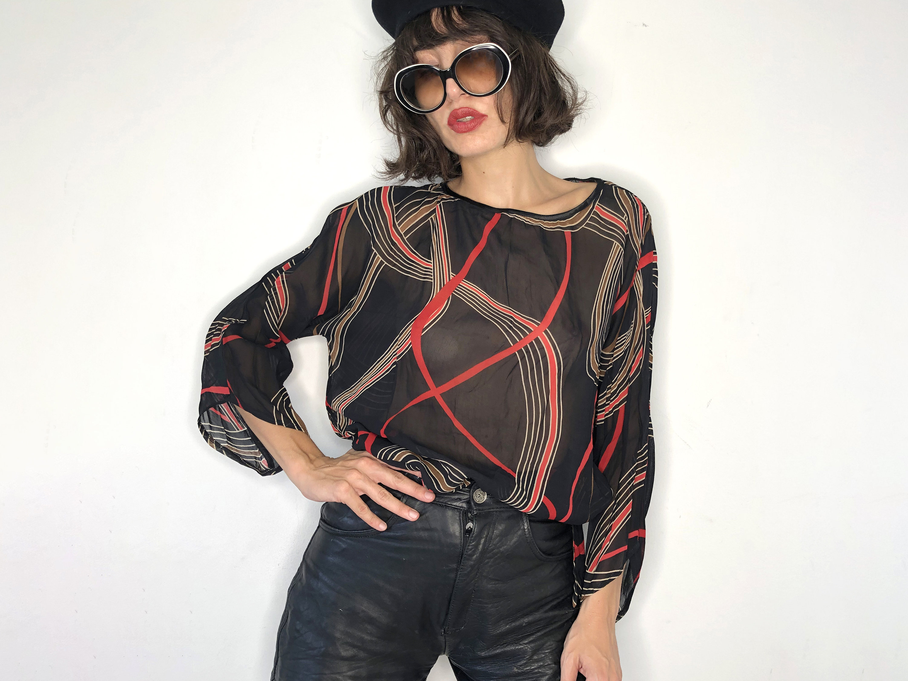 Vintage Sheer Blouse 80s See Through Top Abstract Print 