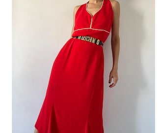 Vintage 70s Red Halter Maxi Dress: Sleeveless Empire Waist Gown