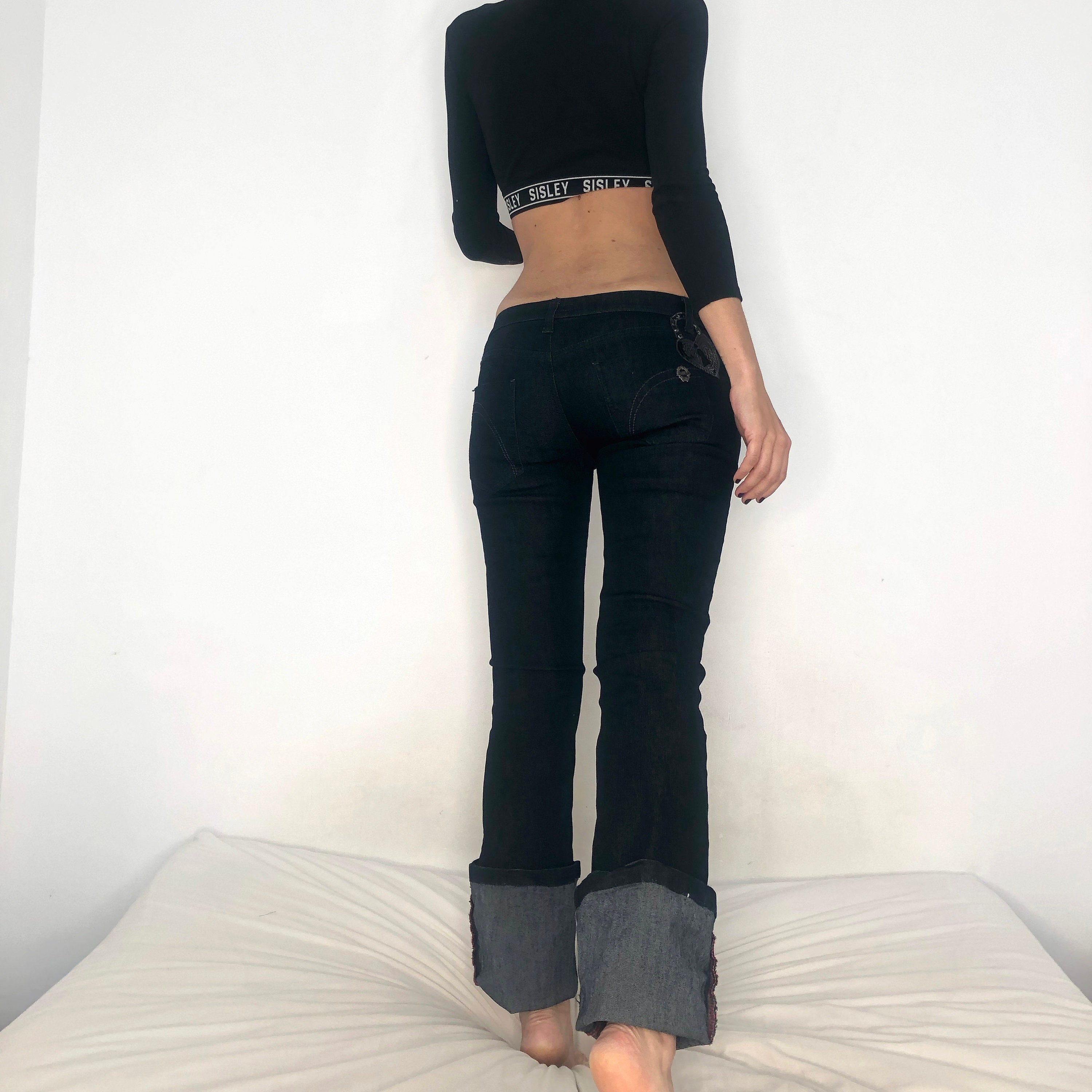 Y2K Miss Sixty Low Rise Flared Jeans, Dark Denim Sequin Patch