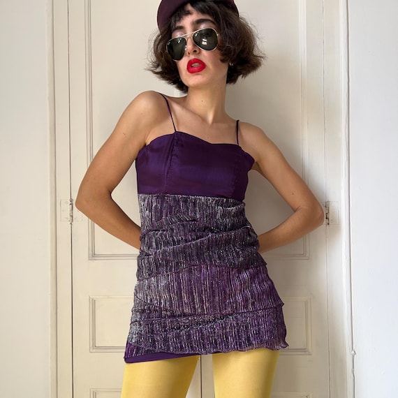 Vintage Y2K Purple Satin Mini Dress: Lace Up Corset Back Shimmer Tiered Party Gown Vintage Y2K Purple Satin Mini Dress: Lace Up Corset Back Shimmer Tiered Party Gown