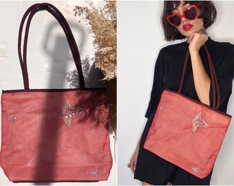 Vintage Boho Summer Handbag, Y2K Embroidered Shopper Bag, 00s Embellished Red Bag, Shimmer Handbag, Hippie Shoulder Bag