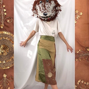 Vintage Patchwork Wrap Skirt, Y2k 2000s Hand Embroidered Boho Medieval Green Brown Beige Maxi Skirt, Retro Gift for Fashion Lovers