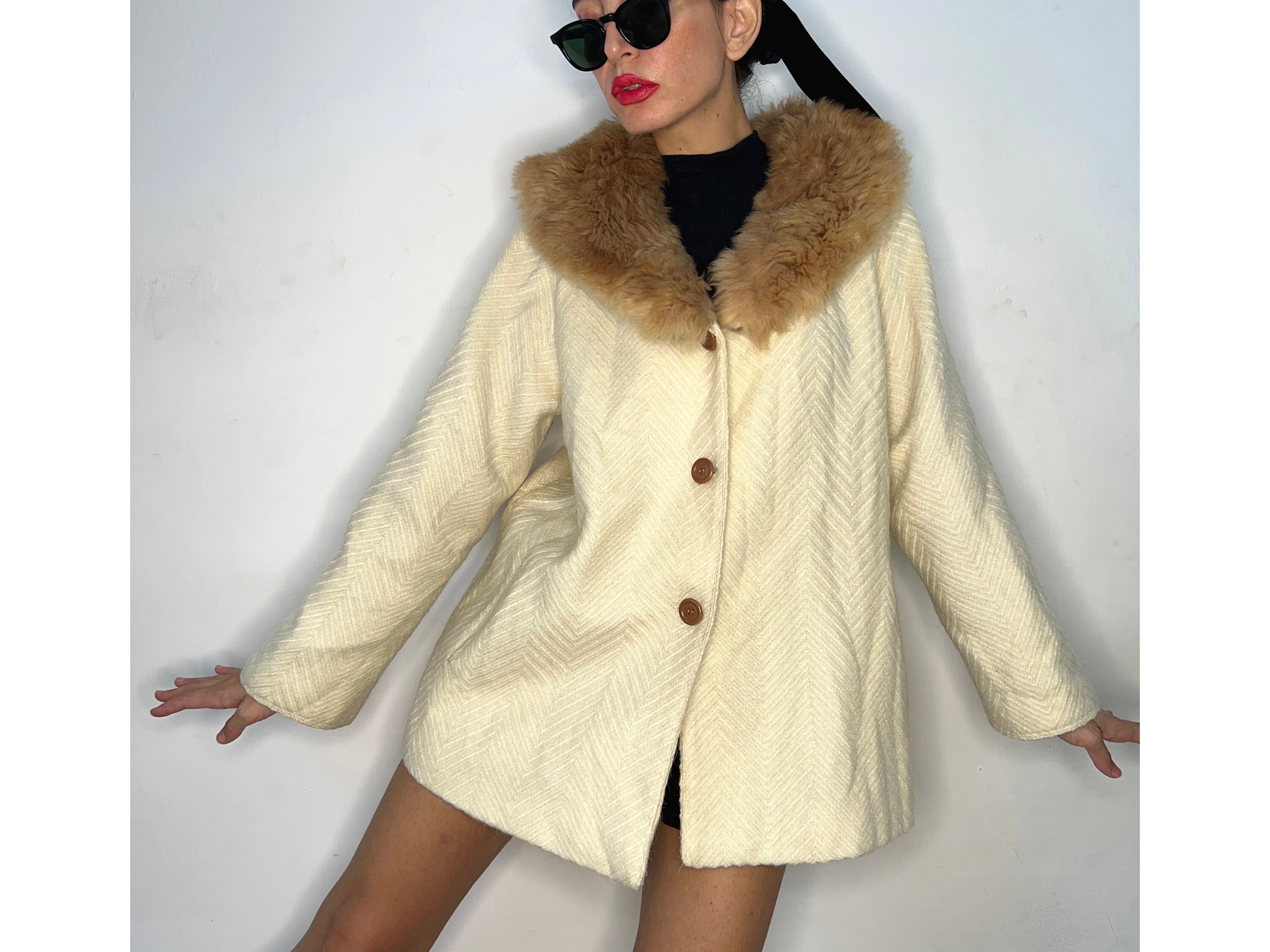 Vintage Beige Hair Collar Jacket, 60s Faux Fur Cropped Coat, Wool 