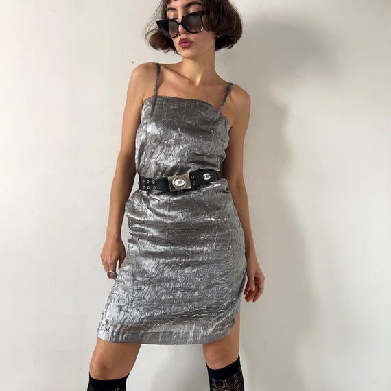 Vintage 90s Silver Slip Dress: Metallic Crinkle Cyber Raver Midi