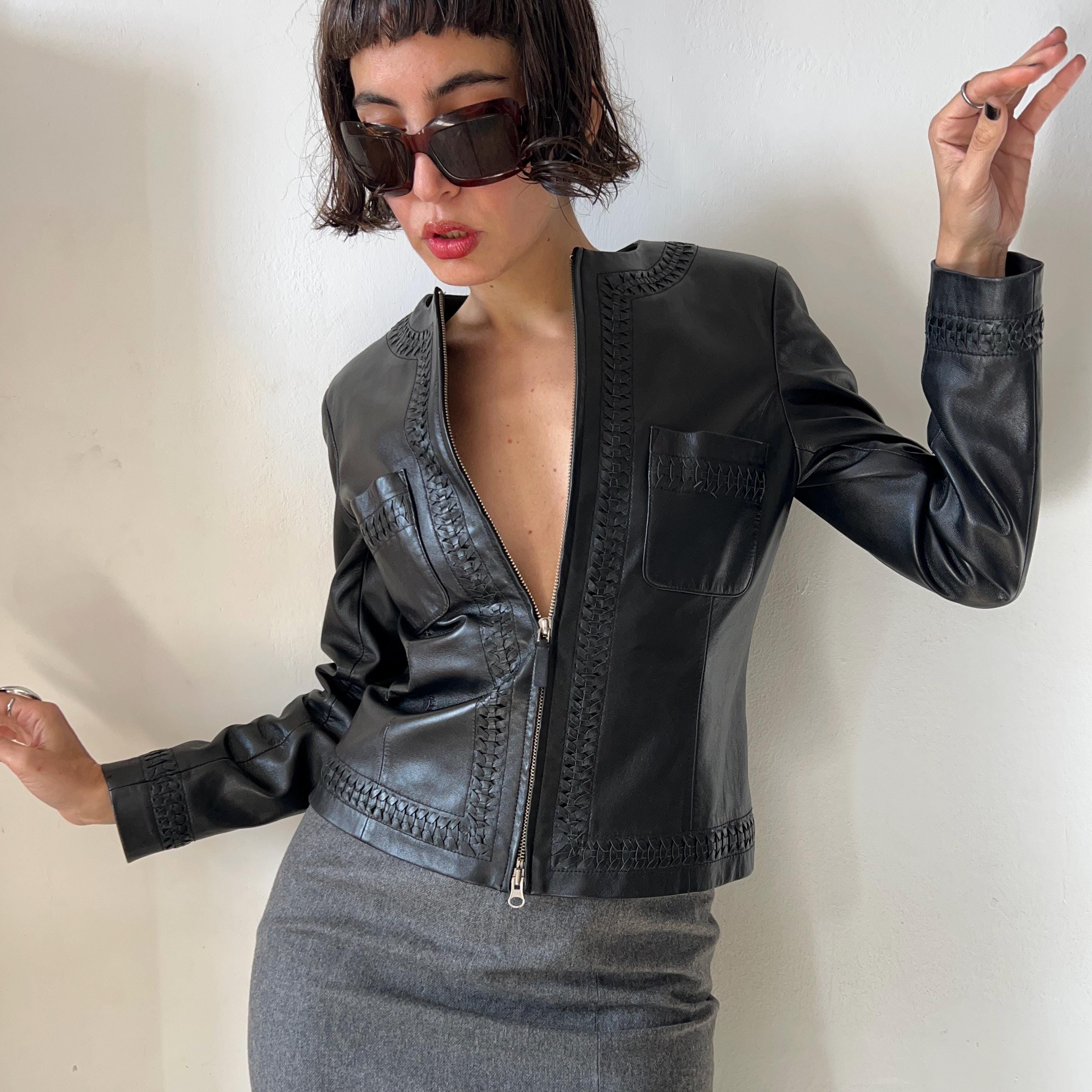 Y2K Cropped Black Leather Biker Jacket: Braided Detail, Size USA 6