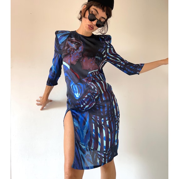 Designer Handmade Blue Art Structured Shoulder Dress High Slit Graphic Midi Cocktail Gown
