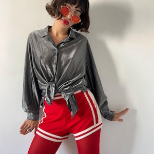 90s Silver Lamé Disco Blouse: Metallic Space Age Clubwear