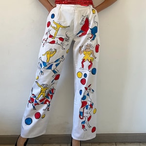Hand Painted Calder Art Pants: Vintage Unisex Trousers, Elastic Waist