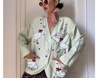 Vintage 90s Hand Painted Goose Blazer Sage Green Linen Cottagecore Whimsical Jacket