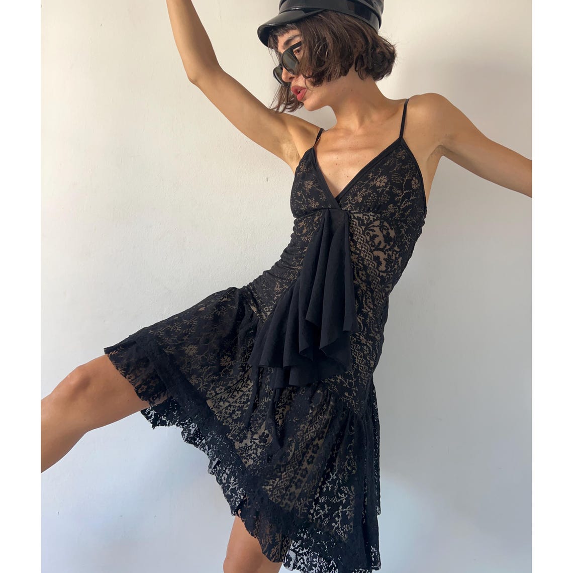Vintage Y2K Black Lace Ruffle Slip Dress, Romantic Beige Lingerie-Inspired Asymmetrical Spaghetti Strap Midi Dress, Retro Party Gift