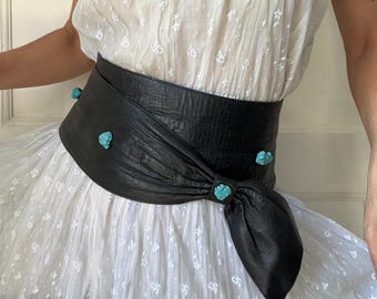 Vintage 80s Black Leather Wrap Belt: Turquoise Stone Wide Waist Sash Hook Loop Cinch