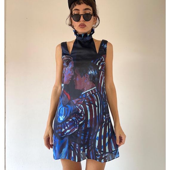 Designer Handmade Blue Art High Neck Mini Dress Subversive Cutout Cinematic Romantic Shift