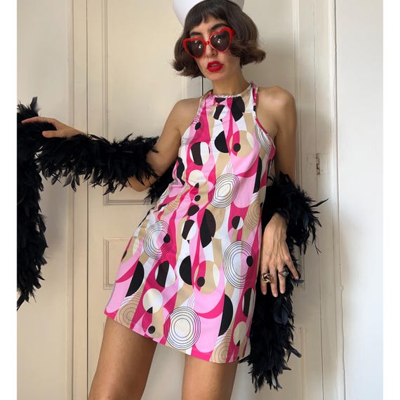 Vintage Y2K Pink Abstract Geometric Print Mini Halter Dress Party Club Wear Swirl