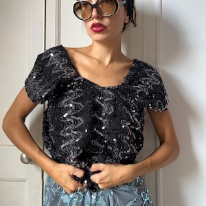 Vintage 80s Sequin Party Tank Top: Black Silver Disco Glam