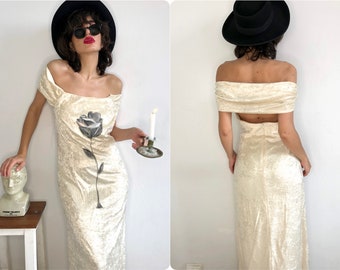 Vintage Velvet Wedding Dress, Cute Maxi Dress, Column Dress, Hand Painted Dress, 90s Large Velvet Dress, 90s Velvet Dress