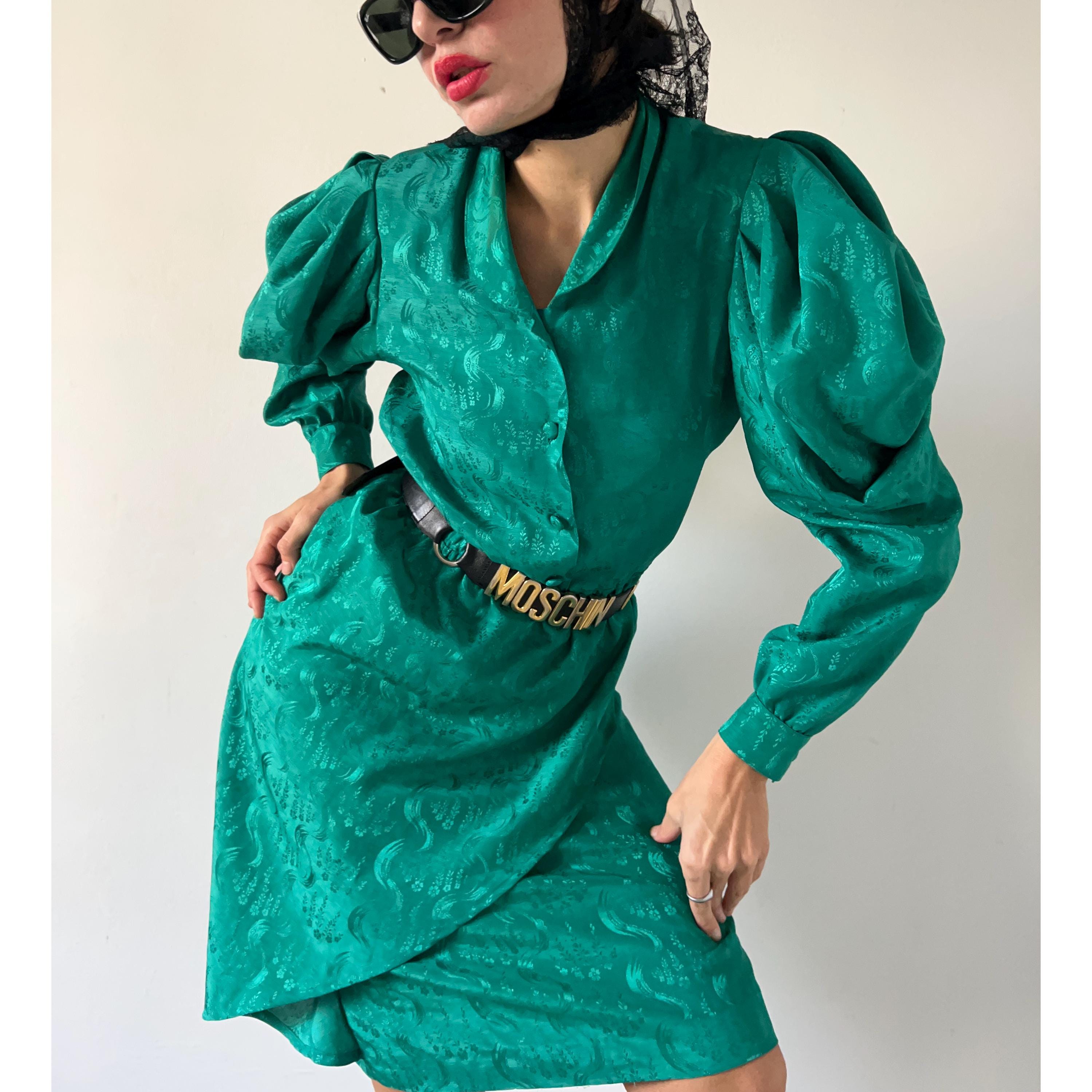 Vintage 80s Emerald Green Puff Sleeve Dress: Party Cocktail Midi