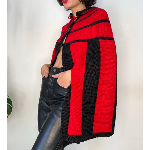 Vintage Hand Knit Striped Cape, 1990s Red Black C… - image 3