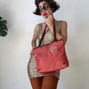 Vintage Y2K Red Mesh Shoulder Bag, Boho Embroidered Shopper, 2000s Fairycore Aesthetic Tote, Gypsy Style Festival Bag