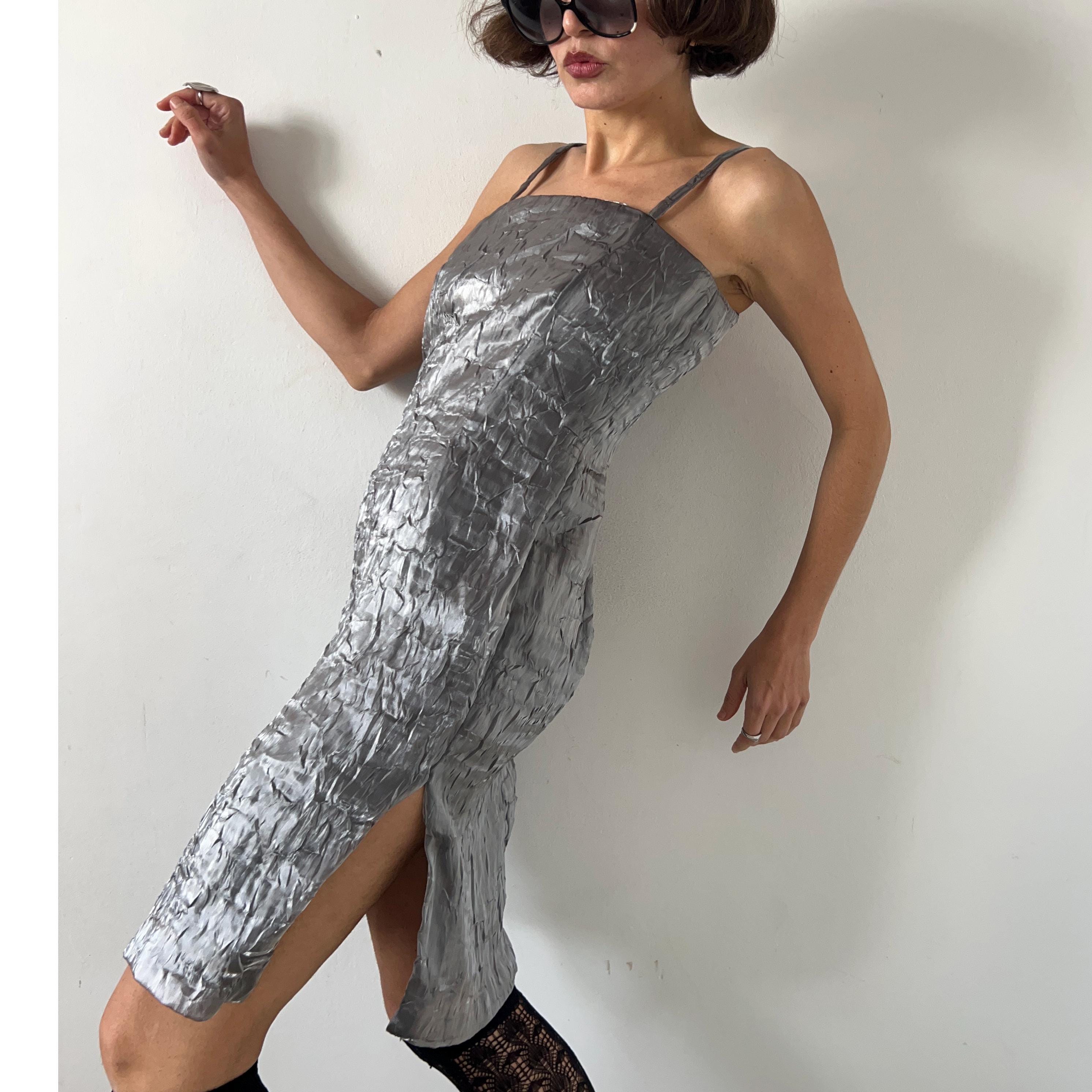 Vintage 90s Silver Slip Dress: Metallic Crinkle Cyber Raver Midi