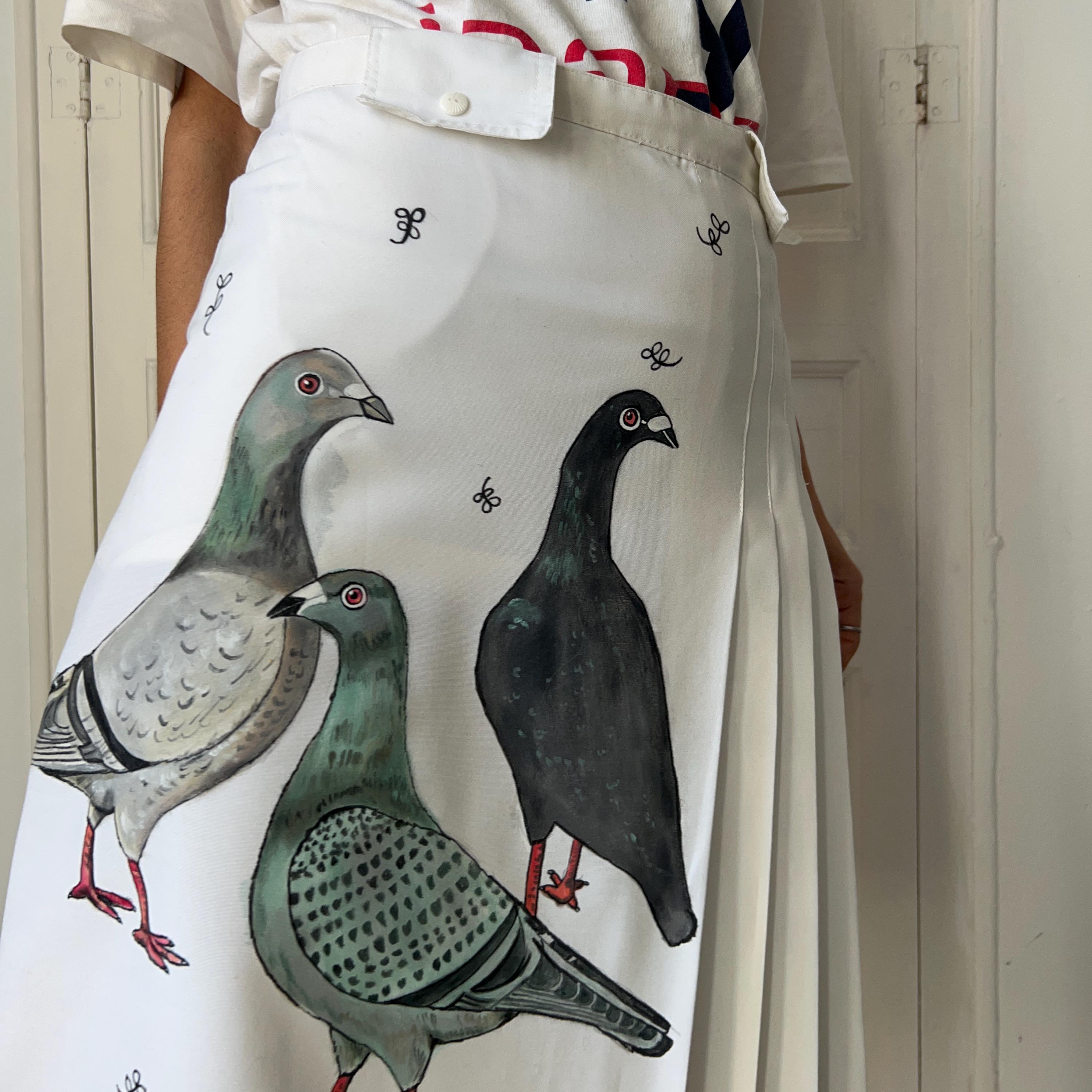 Hand Painted Pigeon Skirt, Vintage White Pleated Midi