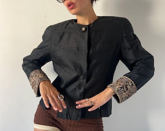 80s Silk Embroidered Blazer: Vintage Padded Shoulder Jacket