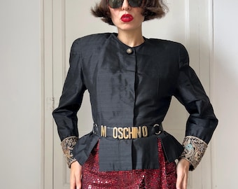 Vintage Black Raw Silk Blazer: Gold Embroidered Cuffs Avant Garde 80s Power Jacket