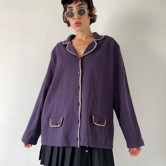 Vintage 90s Merino Wool Blend Cardigan: Purple Knit Button