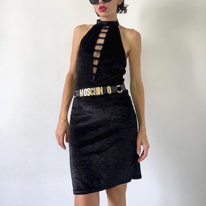 Vintage 90s Black Velvet Halter Dress: Backless Bodycon Midi Gown