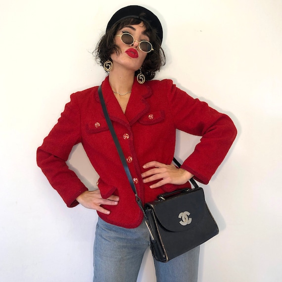 90s Chanel style wool boucle jacket. Vintage red t