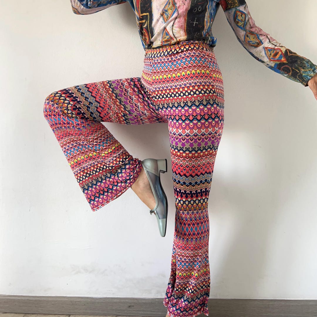 90s Bell Bottom Pants In Bollywood Grey Beige Georgette Silk Indo