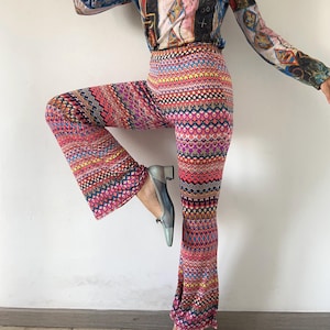Y2K Abstract Print Bell Bottoms: 70s Psychedelic Disco Pants