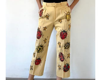 Hand Painted Ladybug Wool Trousers | High Waisted Cottagecore Art Clothing