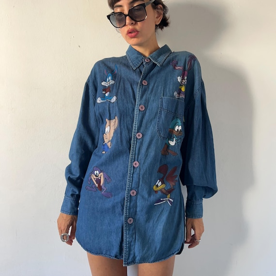 Hand Painted Cartoons Denim Shirt: Reworked Vintage 90s Button Up