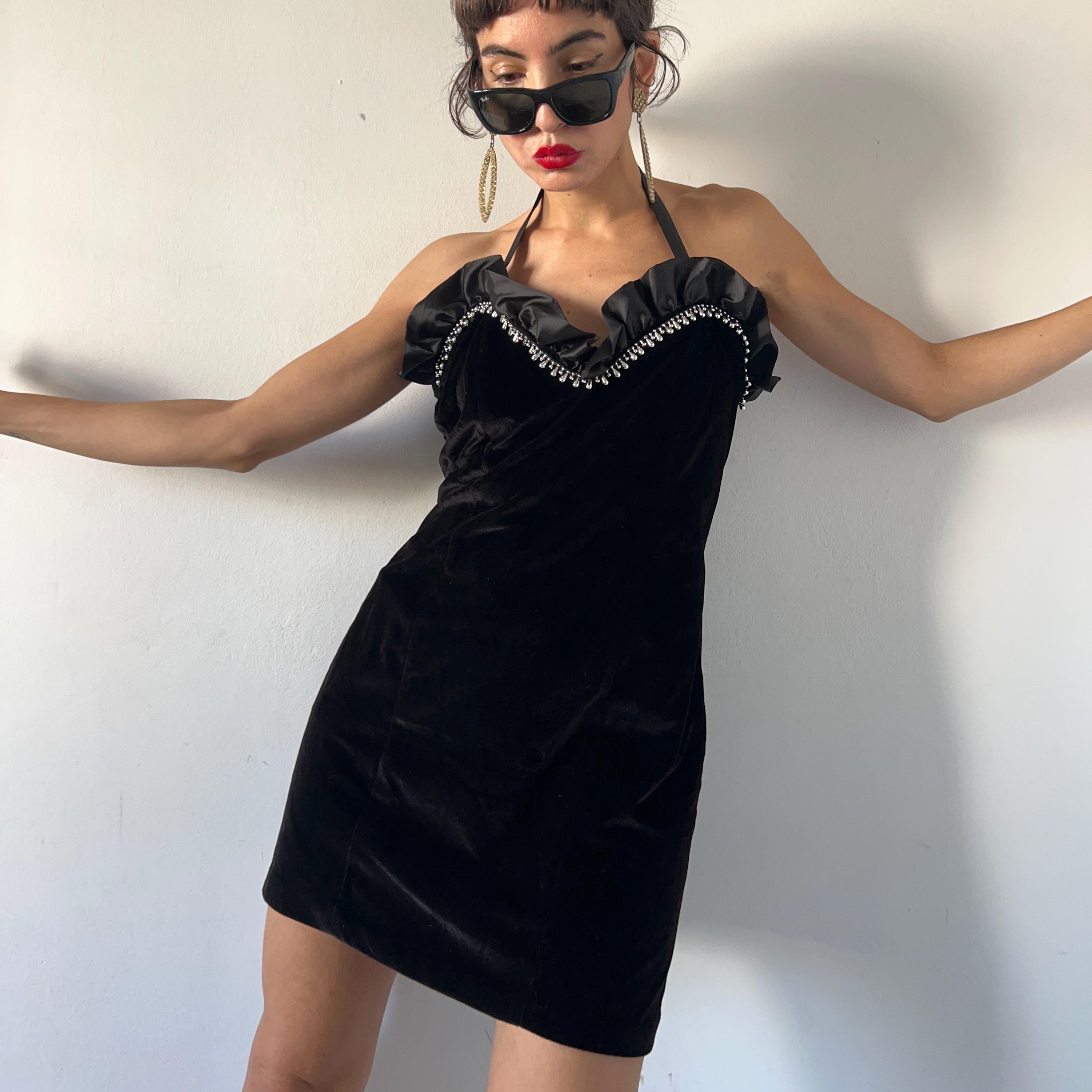 Vintage 90s Black Velvet Mini Dress: Halter Ruffle Neck, Pearl
