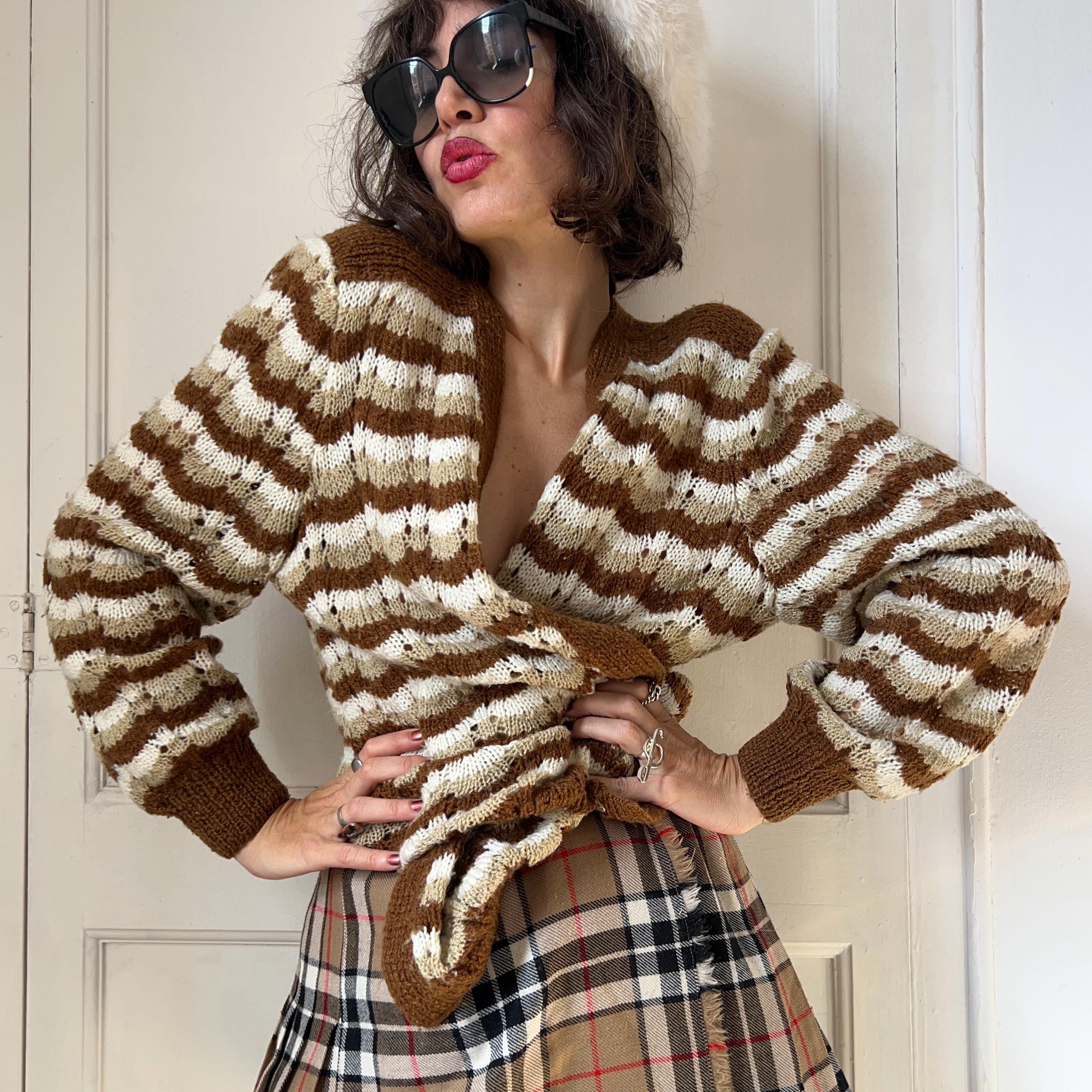 Vintage 70s Hand Knit Cardigan, Wavy Striped Open Sweater, Earth