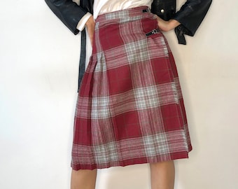 Vintage Red and Gray Plaid Kilt Skirt, 70s Fringe Wrap Skirt, Tartan Wool Blend Midi Skirt, Buckle Pleated Skirt, Preppy College Skirt