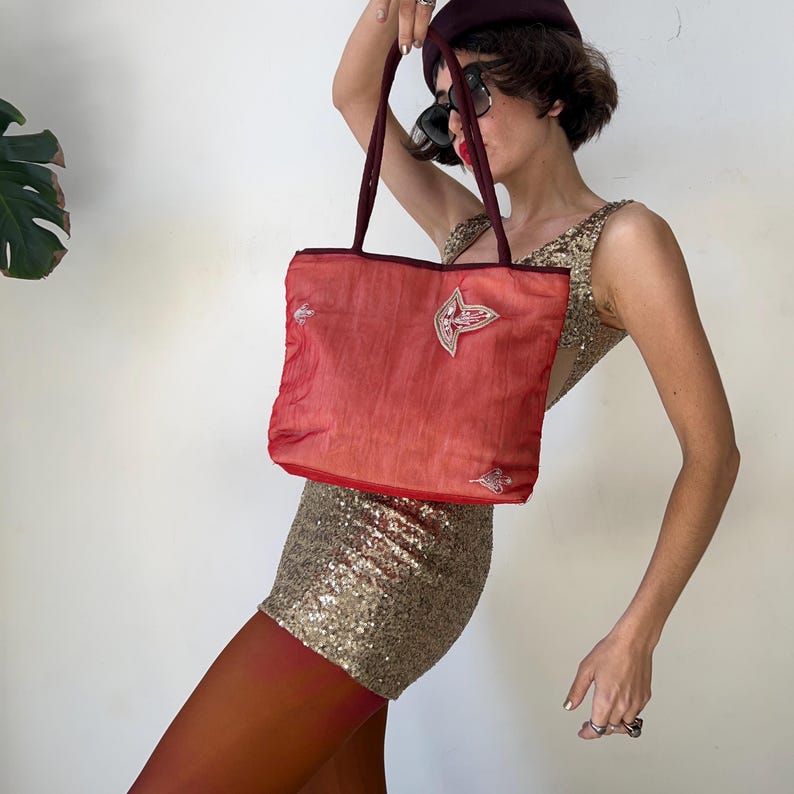 Vintage Y2K Red Mesh Shoulder Bag, Boho Embroidered Shopper, 2000s Fairycore Aesthetic Tote, Gypsy Style Festival Bag