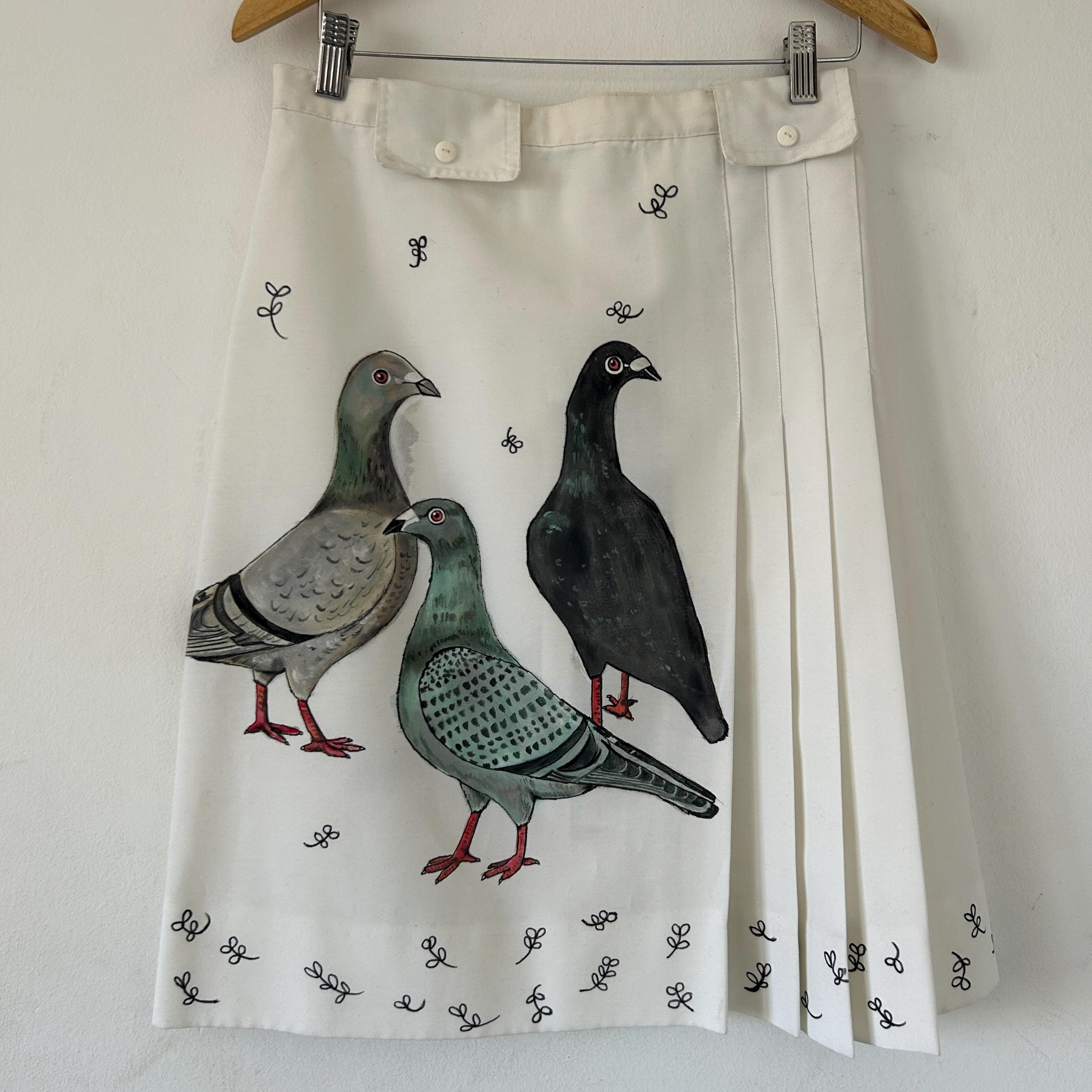 Hand Painted Pigeon Skirt, Vintage White Pleated Midi