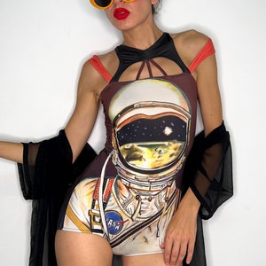 Designer Handmade Halter Bodysuit Astronaut Nasa Print Cut Out Swimmer Culotte Trendy Fashion Unique Design Gifts for Girlfriend image 1