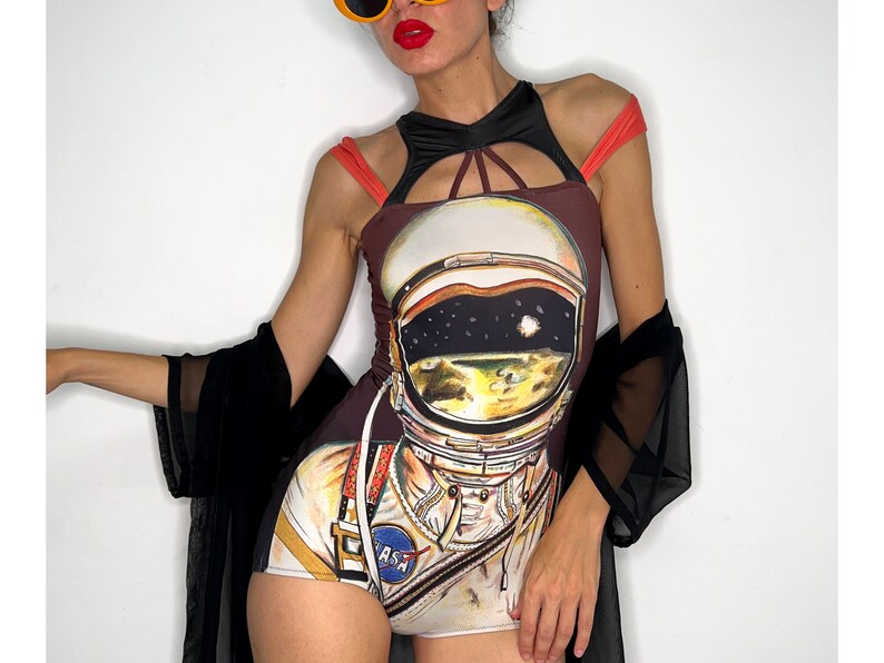 Designer Handmade Halter Bodysuit Astronaut Nasa Print Cut Out Swimmer Culotte Trendy Fashion Unique Design Gifts for Girlfriend image 1