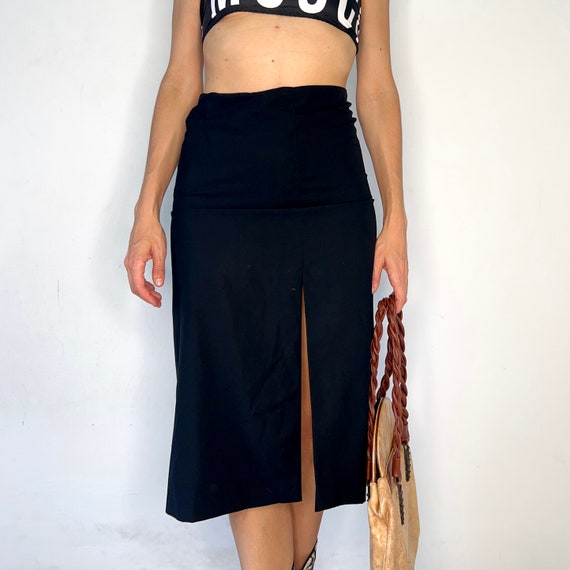 Jil Sander, Vintage 90s Jil Sander Black Wool Midi Skirt Center Front Slit Minimalist Designer