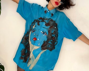 Hand Painted Art Deco Face Satin Blouse, Reworked Blue Silk Shirt, Drawing Art Blouse, 30s Woman Illustration Button Down, Gift for Her