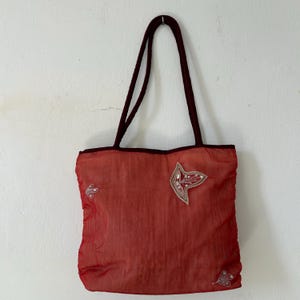 Vintage Y2K Red Mesh Shoulder Bag, Boho Embroidered Shopper, 2000s Fairycore Aesthetic Tote, Gypsy Style Festival Bag