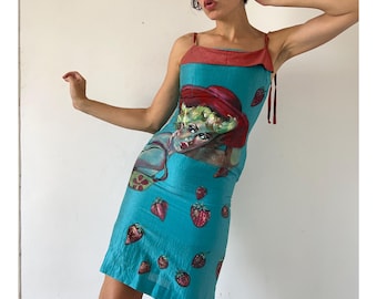 Hand Painted Linen Slip Dress, Strawberry Woman Wearable Art OOAK Retro Portrait Summer Dress